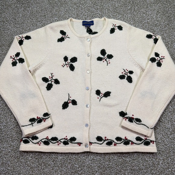 Charter Club Sweaters - Vintage Holly Berry Lambswool Cardigan Size Large 90s Charter Club